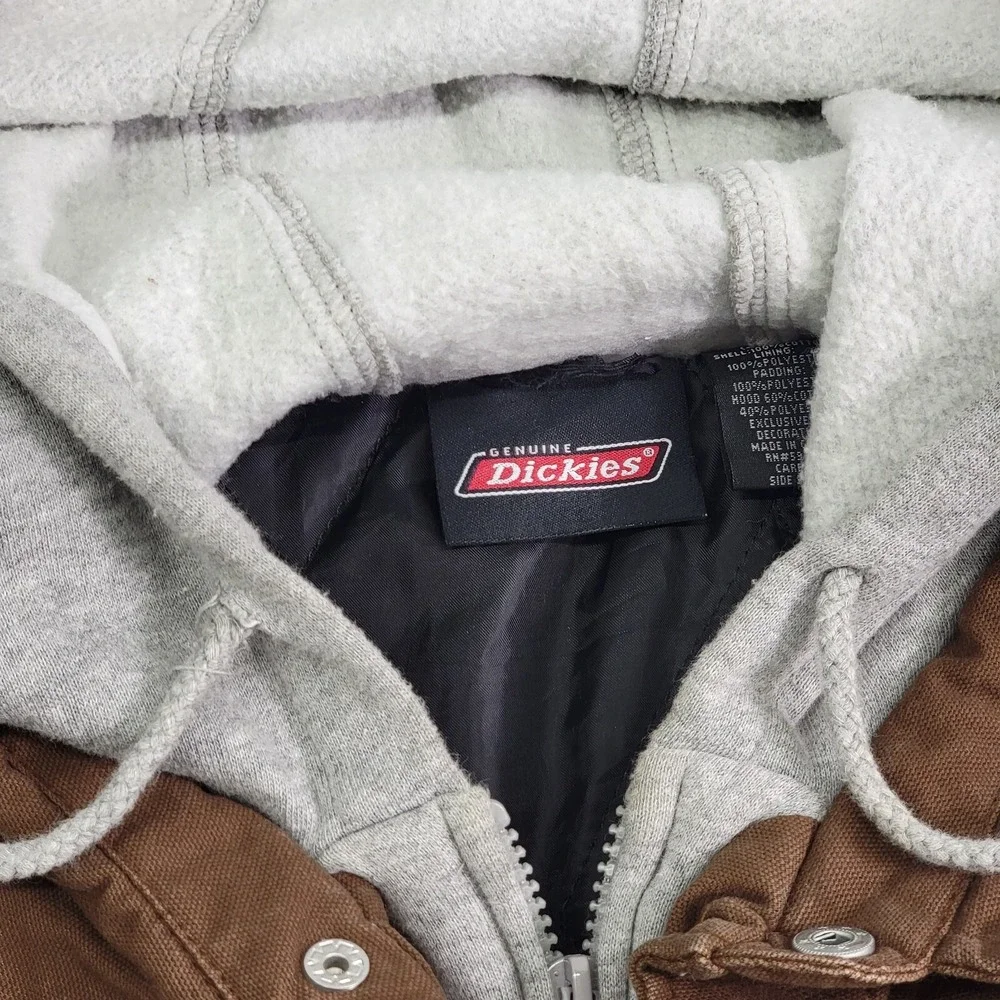 Dickies Men's Brown Quilt Lined Fleece Hooded Utility Canvas Work Jacket Size XL